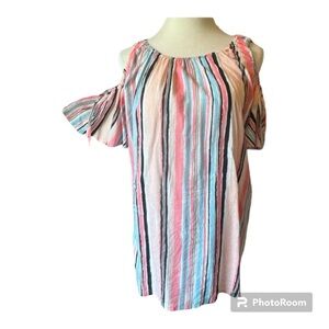 BOUTIQUE ITEM-COTTON BLEND STRIPED SHORT SLEEVE TOP WITH COLD SHOULDER